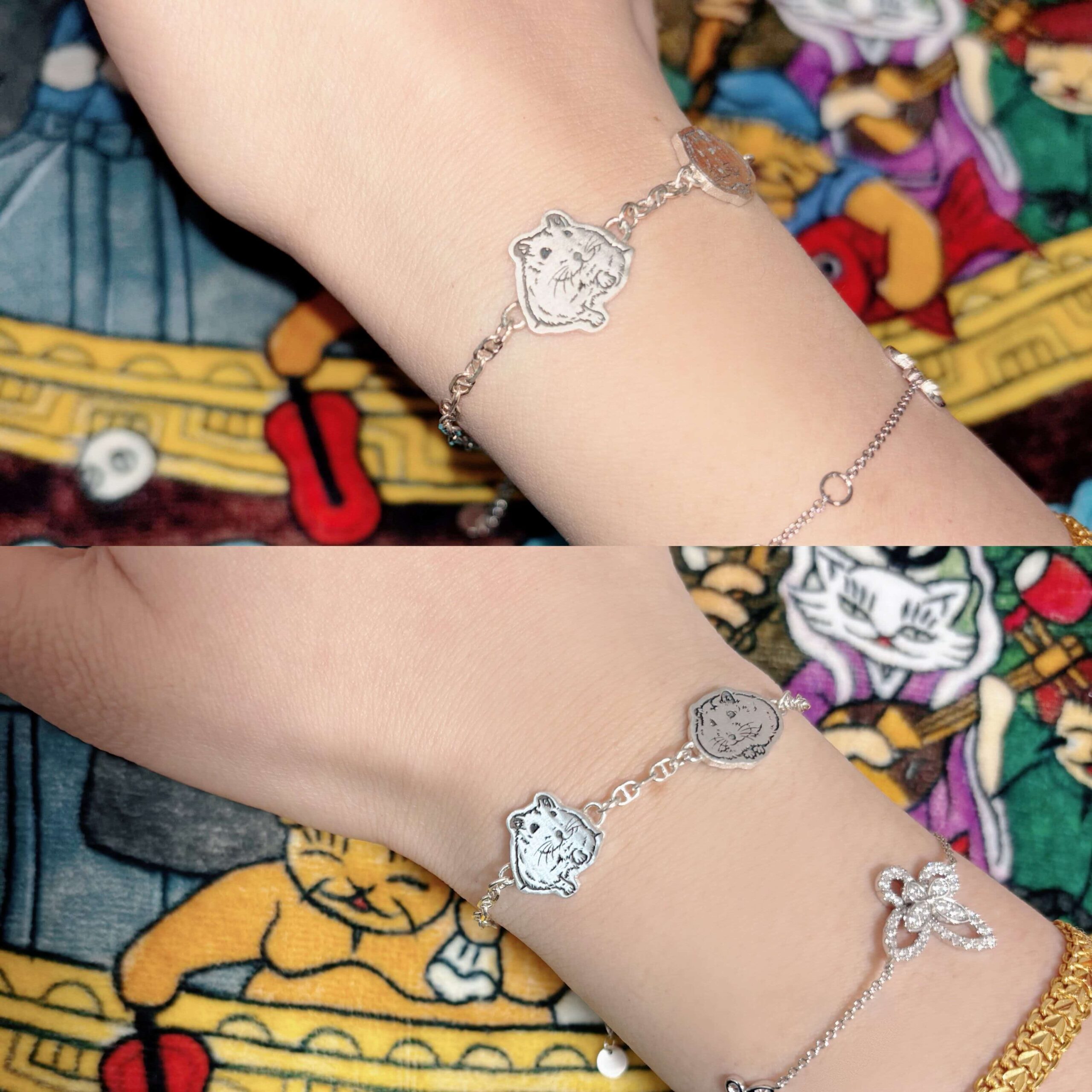 Close-up of custom pet portrait bracelet charm