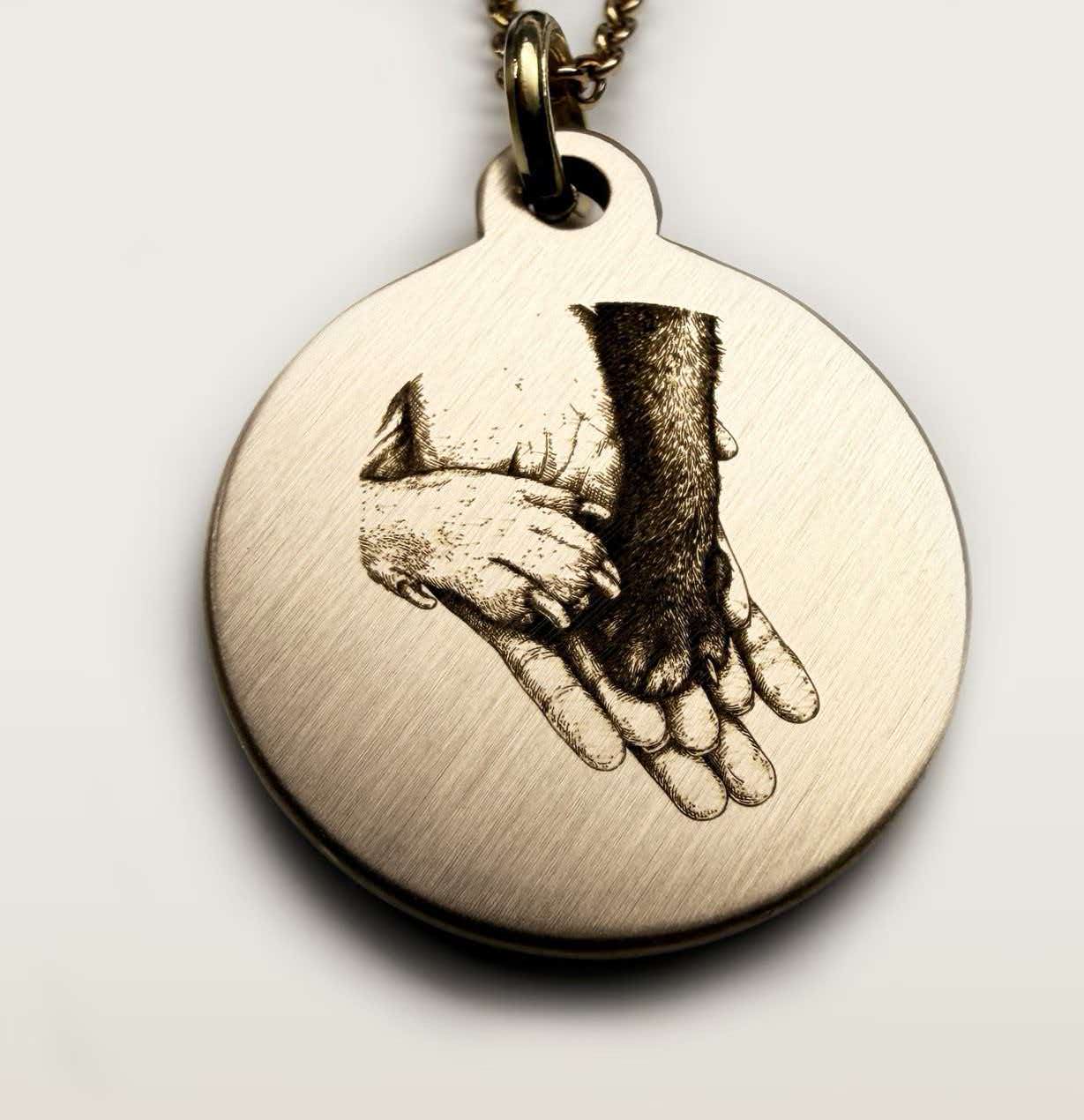 Custom brass pet portrait tag with horseshoe clasp